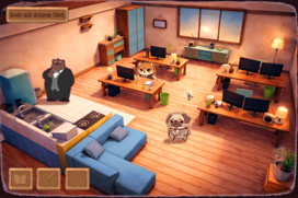 Screenshot aus FileQuest: Büroszene mit tierischen Figuren